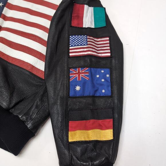 VTG Wilsons Leather Bomber Jacket Men's M Black USA Flag International Flags - Picture 5 of 16